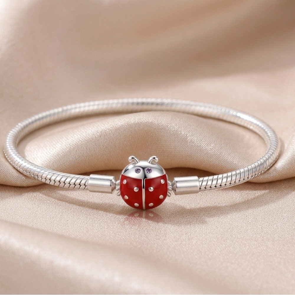 Silver Ladybug Charm Bracelet with Red Enamel Accent